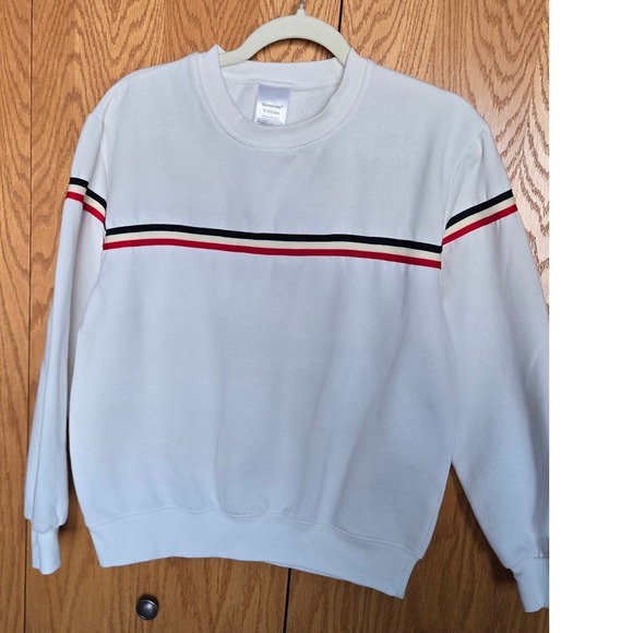 Germinate Tops - Germinate White Striped Crewneck Sweatshirt Cotton Retro Sporty Pullover Small